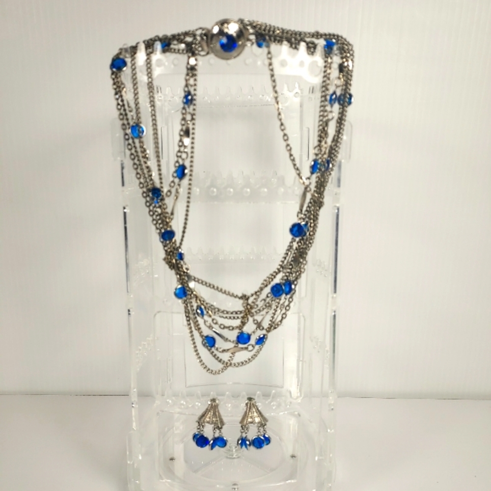 Vintage Celebrity Silver Blue Jewelry Set MultI Chain Necklace Clip On Earrings